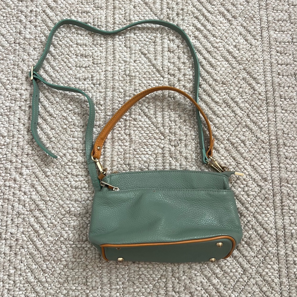 Sage Green Pebbled Leather Multi Zip Crossbody Bag with Tan Trim